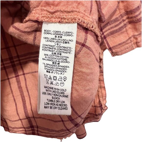 Free People‎ Shirt Womens M Peach 100% Linen Plaid Button Down Coastal Beach - Picture 7 of 7